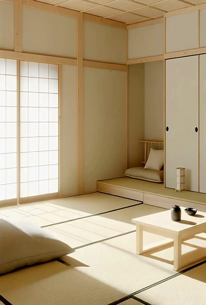 Cameră japoneză minimalistă, luminată de soare